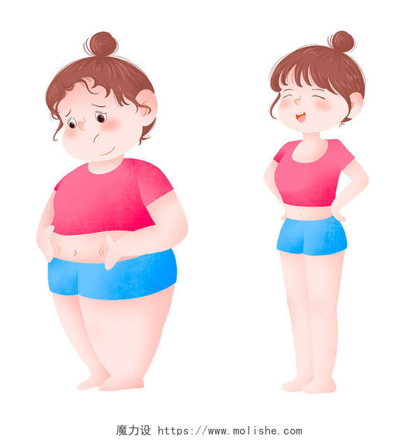 肥胖赘肉减肥前后的对比元素仪态运动瘦子胖子体重PNG素材健康